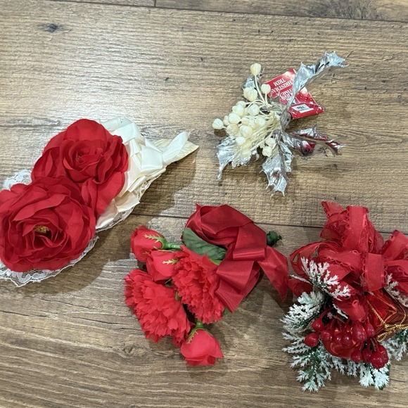 The Unbranded Brand Other - Vintage Christmas Corsage Lot 3 Holly Red Silver‎ Ribbon Flowers Vtg